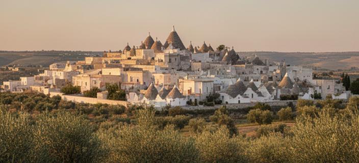 Panorama di Cisternino con trulli e uliveti nella luce dorata del tramonto pugliese